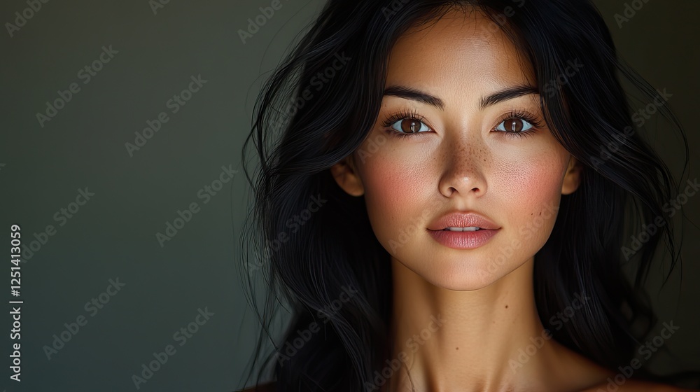 A close-up portrait showing a woman with long black hair and a calm expression the image captures beauty, tranquility, and classic elegance. A close-up portrait showing a woman with long black hair and a calm expression the image captures beauty, tranquility, and classic elegance.