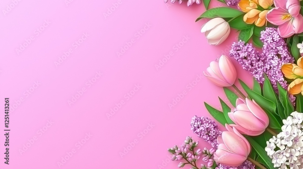 A vibrant arrangement of colorful flowers on a pink background, creating a cheerful and fresh aesthetic. A vibrant arrangement of colorful flowers on a pink background, creating a cheerful and fresh aesthetic.