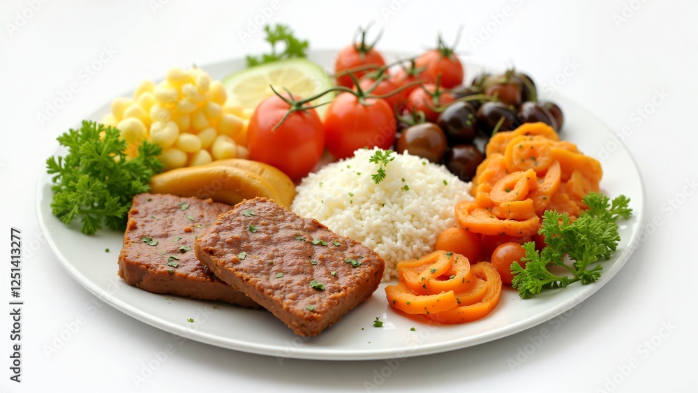 Delicious and Nutritious Vegetarian Meal with Rice, Vegetables, and Plant-Based Patties