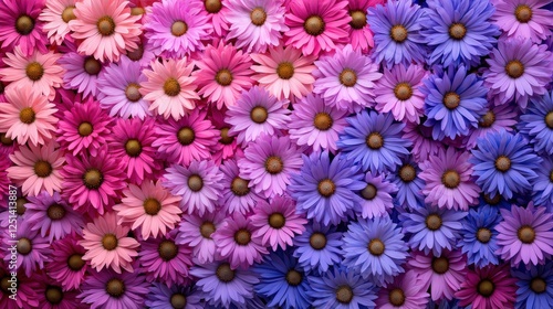 A vibrant arrangement of pink and purple daisies creates a colorful, floral backdrop, perfect for spring themes and decorative purposes.