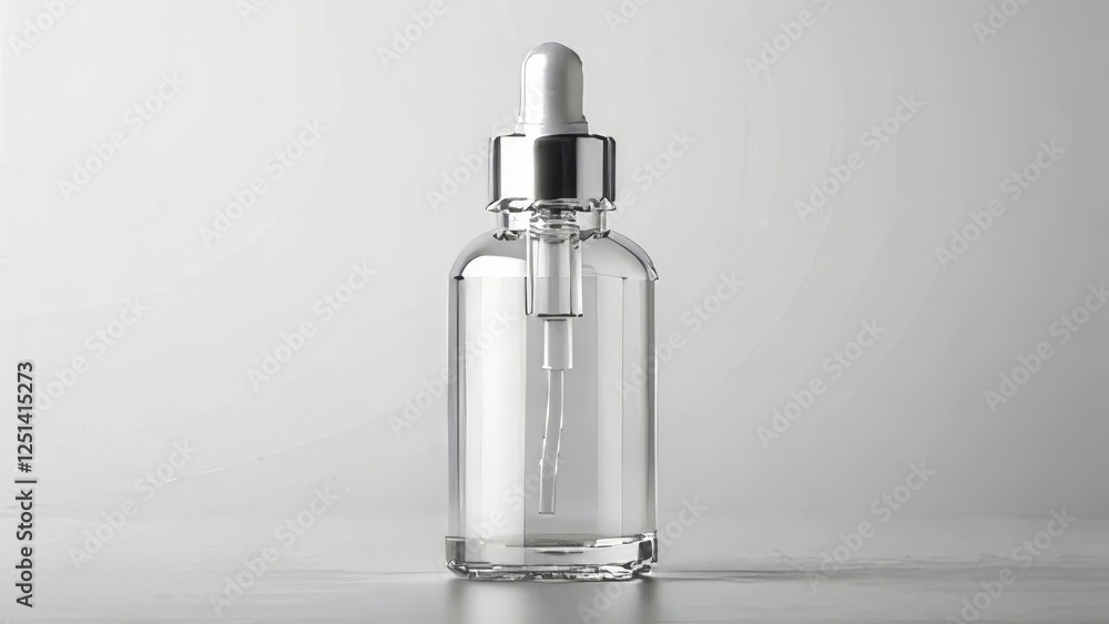 Naklejka premium Clear Glass Bottle with Silver Dropper Cap on Neutral Background for Product Presentation