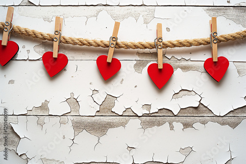 A rustic and romantic Valentine's Day composition featuring a white-painted wooden background with a weathered, grunge-style texture