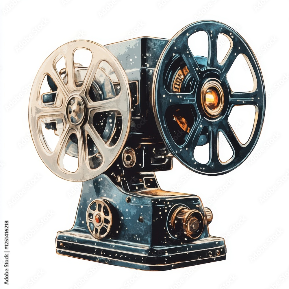 Obraz premium Vintage Film Projector in Retro Design Showcasing Classic Cinematic Equipment with Detailed Mechanisms and Captivating Aesthetic