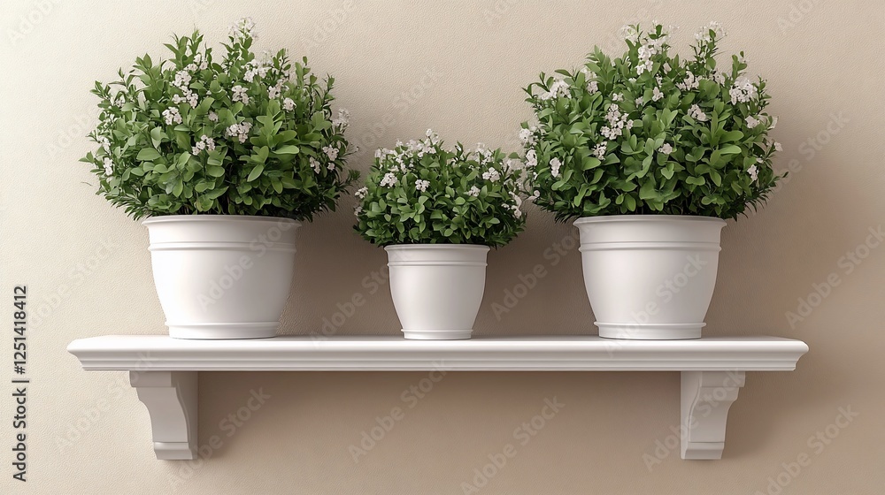 Three potted plants with white flowers on a white shelf against a beige wall. Three potted plants with white flowers on a white shelf against a beige wall.