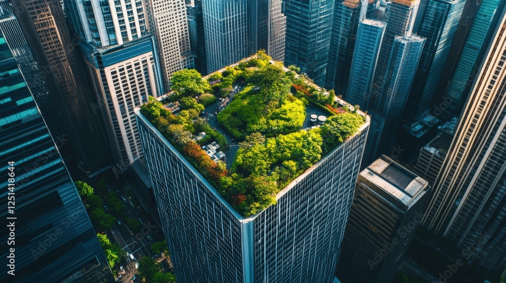 A cityscape with a green roof on top of a building