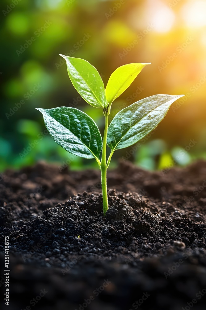 Young plant sprouting from fertile soil under warm sunlight symbolizes growth and new beginning Young plant sprouting from fertile soil under warm sunlight symbolizes growth and new beginning