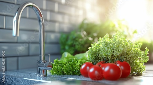 Modern kitchen sink with fresh produce photo