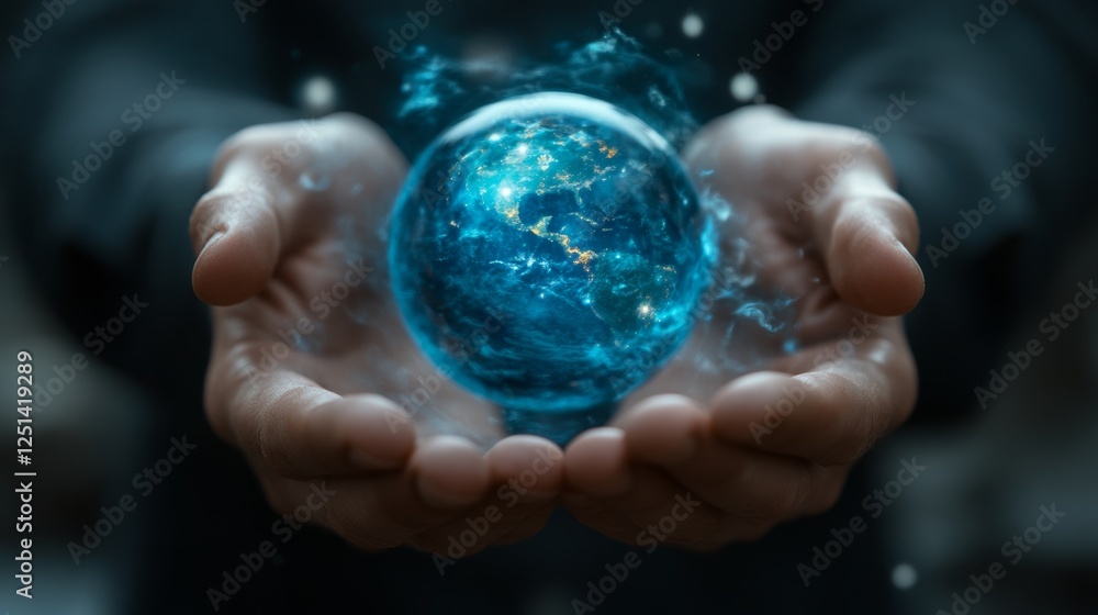 Glowing Blue Orb with Earth Inside Held In Hands of Person, Magical Mystical Concept, Stock Photo Glowing Blue Orb with Earth Inside Held In Hands of Person, Magical Mystical Concept, Stock Photo