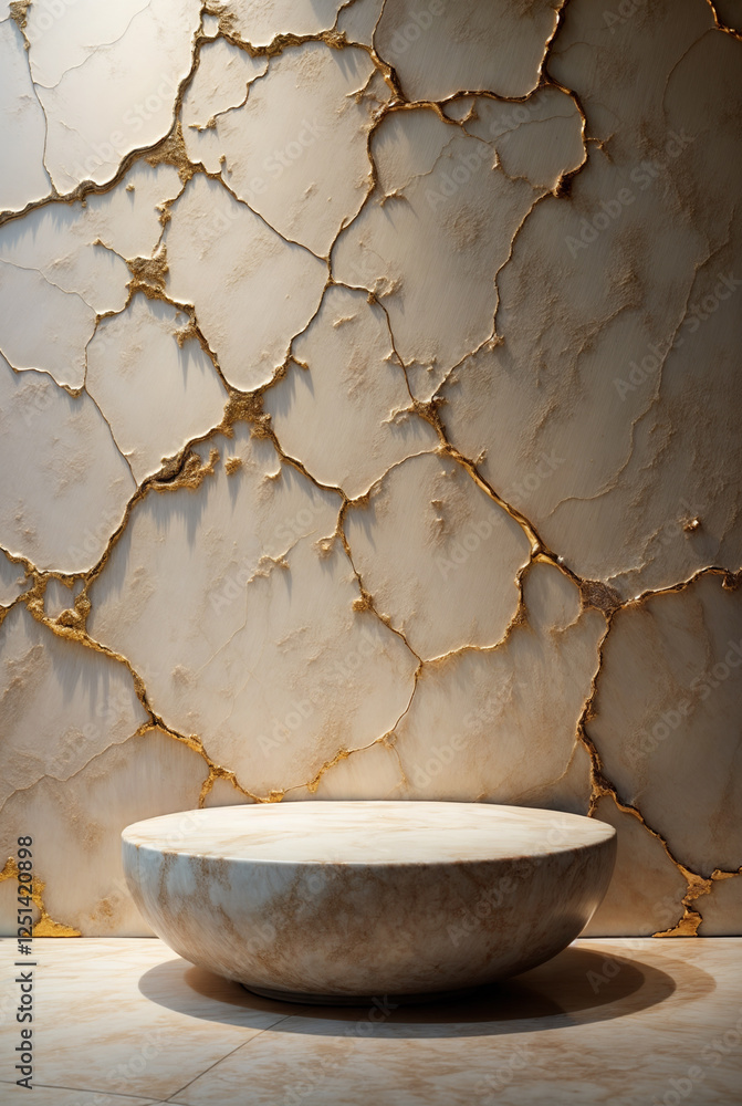 A luxurious marble pedestal with golden veins, set against a cracked stone backdrop with soft sunlight. A luxurious marble pedestal with golden veins, set against a cracked stone backdrop with soft sunlight.