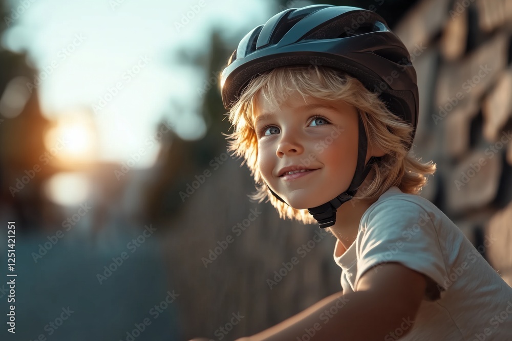 A young boy with a helmet smiling while riding his bike in the evening light. A young boy with a helmet smiling while riding his bike in the evening light.