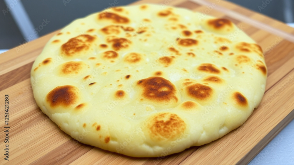 Freshly baked naan bread with a toasted surface on a wooden cutting board Freshly baked naan bread with a toasted surface on a wooden cutting board
