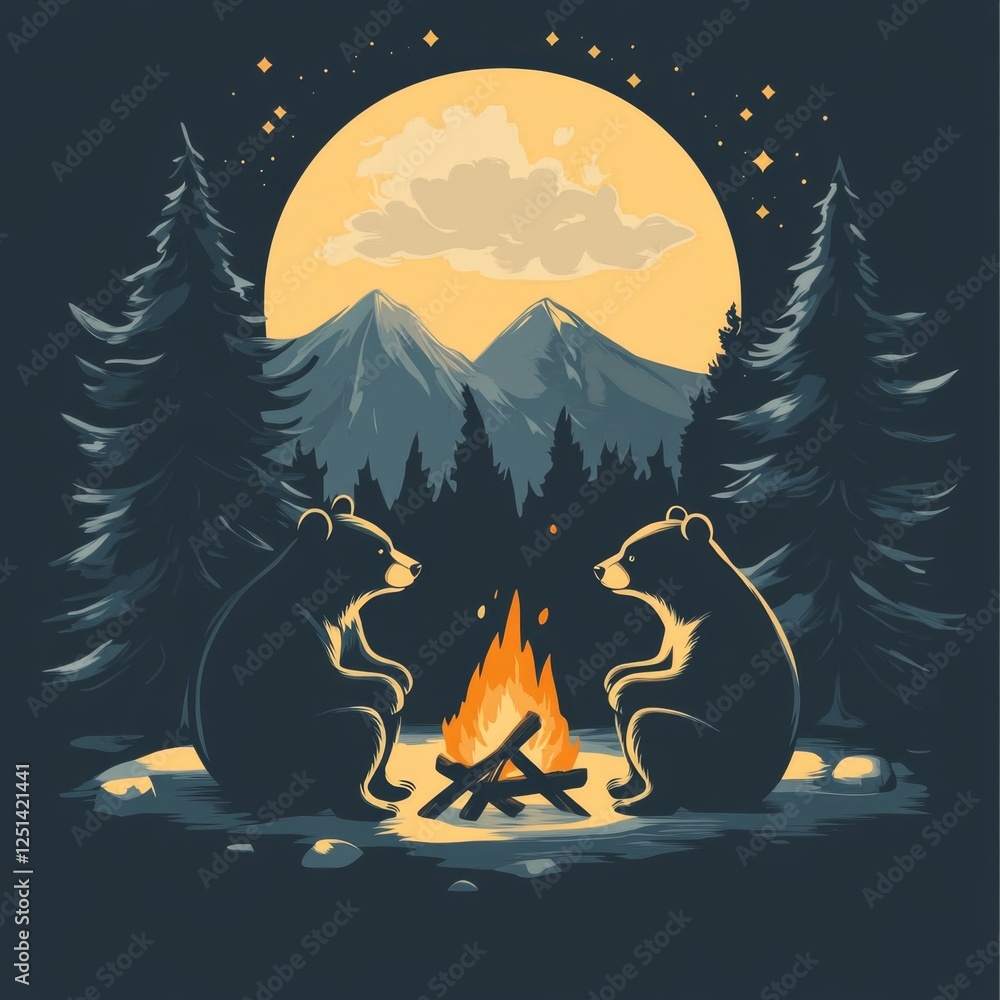 Fototapeta premium Two Bears Campfire Night Mountains Moon Stars