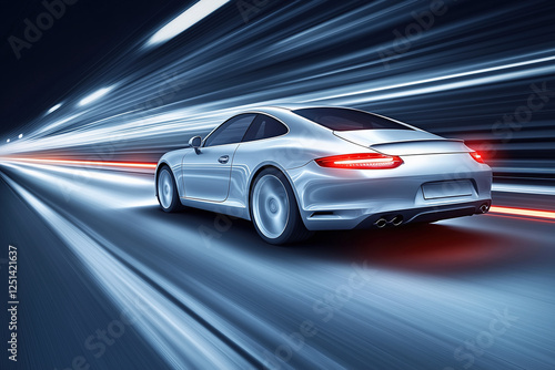 A sleek silver sports car speeding through a tunnel with light streaks.
