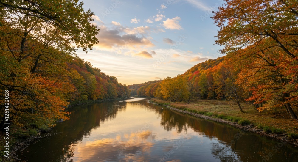 Autumn River at Sunset: Serene autumn landscape featuring a calm river reflecting the vibrant colors of the sunset, surrounded by hillsides ablaze with fiery foliage. Autumn River at Sunset: Serene autumn landscape featuring a calm river reflecting the vibrant colors of the sunset, surrounded by hillsides ablaze with fiery foliage.