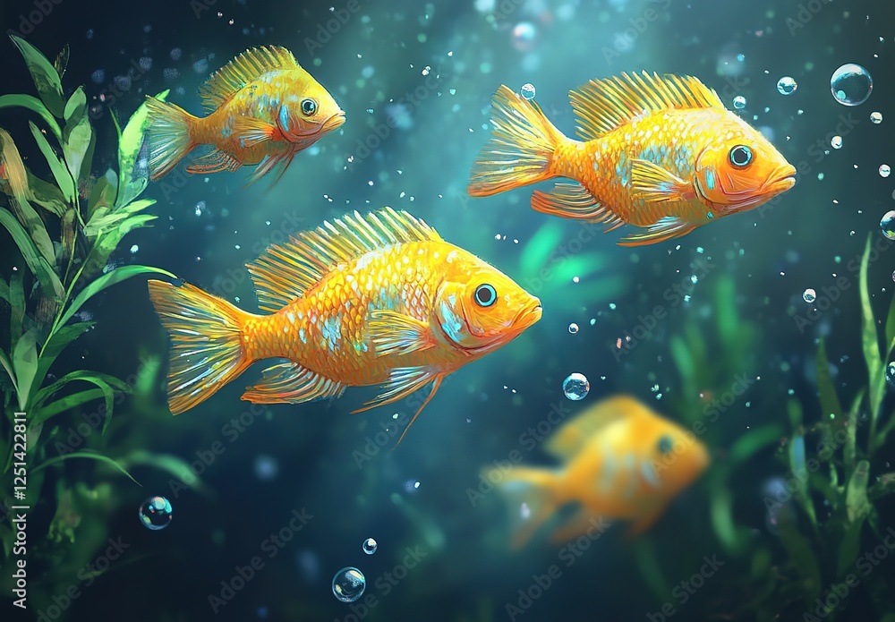 Fototapeta premium A group of yellow cichlids swimming in an aquarium, surrounded by green plants and blue water with bubbles floating around them.