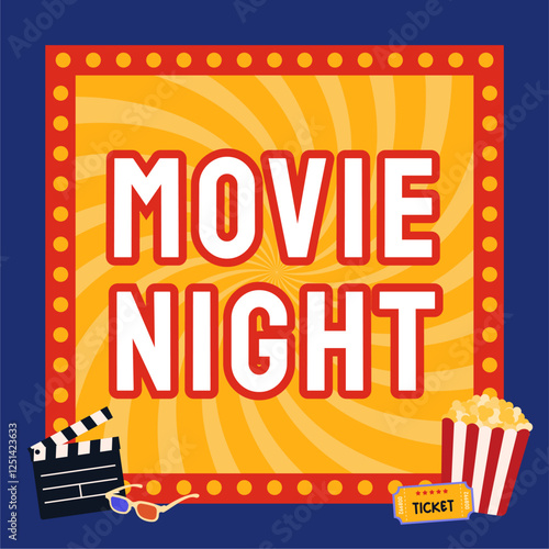 Movie night poster banner design. Cinema popcorn, ticket, 3d glasses, clapperboard flat illustration