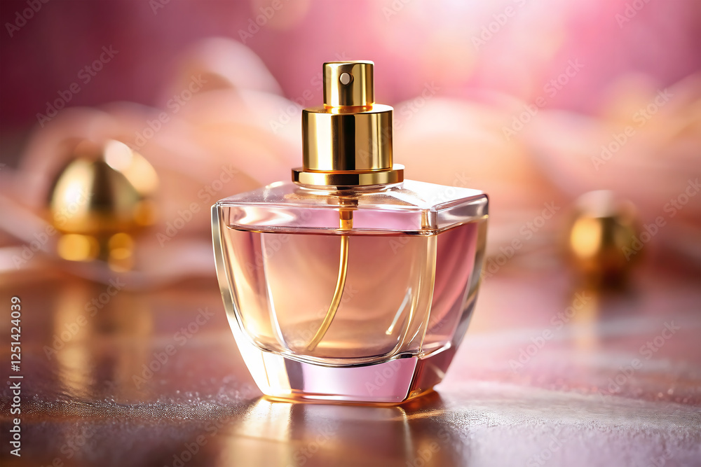 blank pink perfume bottle on pink background. Elegant clear glass perfume bottle