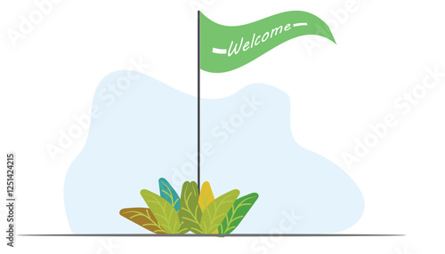 Flag waving Welcome banner and happy visitors to come in abstract vector illustration design background