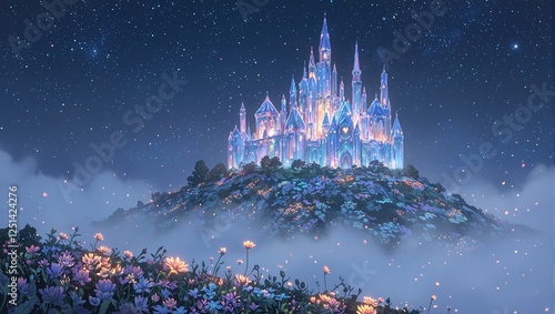 A mystical crystal castle overlooks a hill adorned with radiant flowers enveloped in a shimmering mist beneath a twinkling starry night