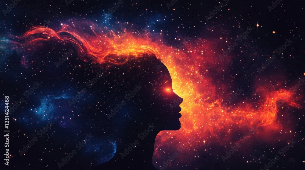 Obraz premium Cosmic beauty emerges from a silhouette against a vibrant galaxy filled with fiery colors and endless stars