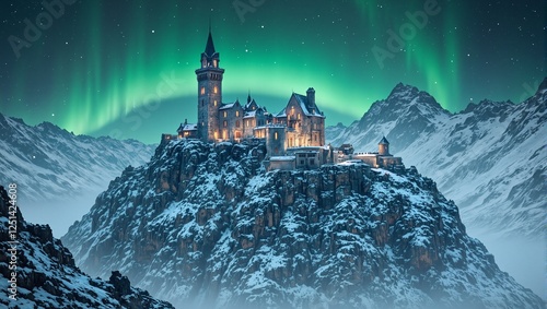 A majestic snow castle with glowing towers on a mountain peak set against a vivid green aurora An enchanting winter wonderland scene