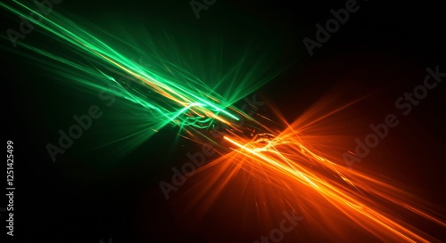 Clashing Colors: An abstract, energetic clash of green and orange light streaks across a black background, creating a dynamic and vibrant visual effect.  
