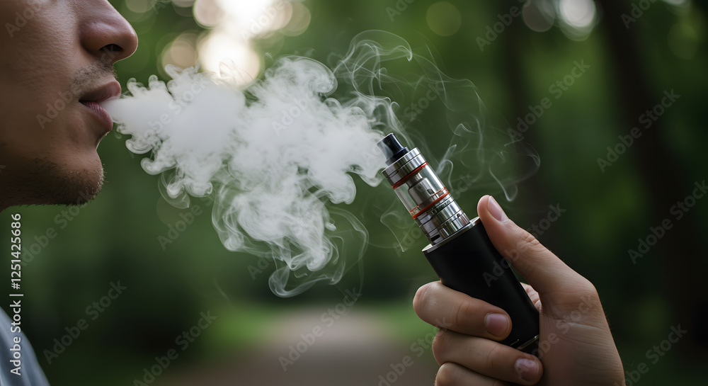 Fototapeta premium Man is vaping in a forest.