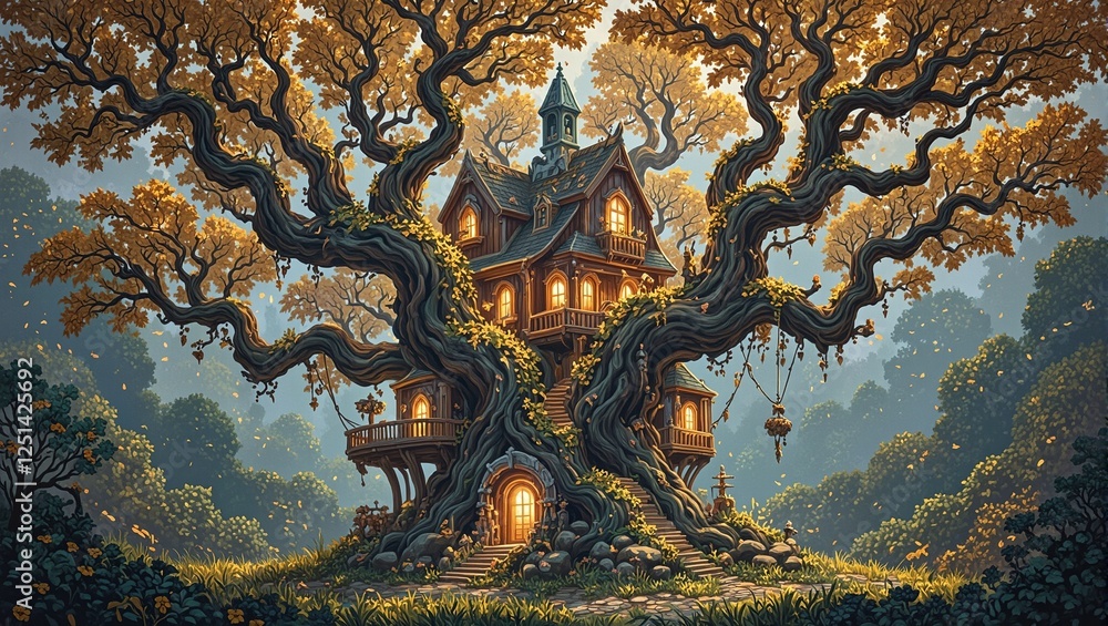 Obraz premium Discover a whimsical treehouse in a dazzling forest its crystal walls and golden leaf adorned branches twinkling with magic