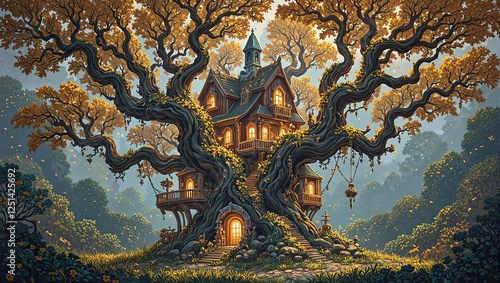 Discover a whimsical treehouse in a dazzling forest its crystal walls and golden leaf adorned branches twinkling with magic