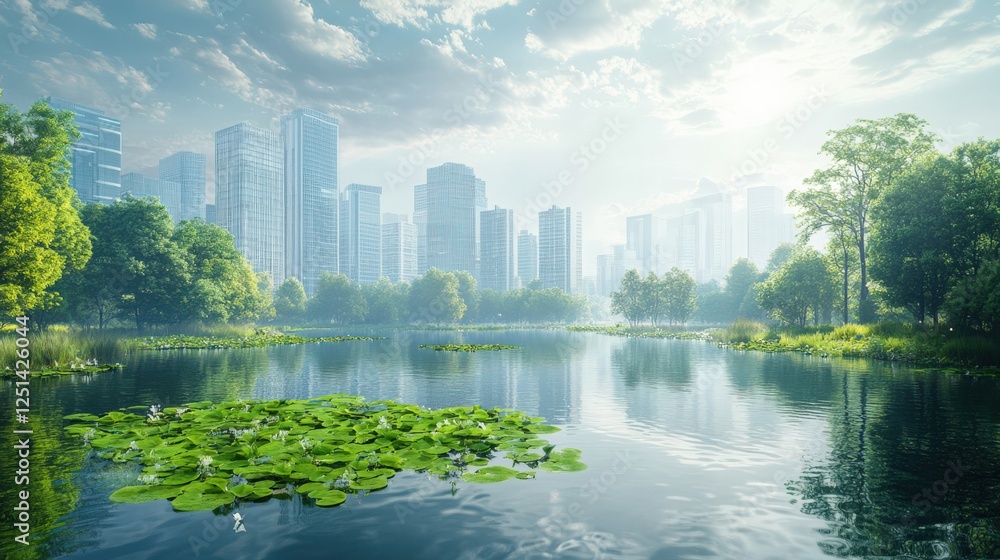 Fototapeta premium A city with a lake in the middle of it