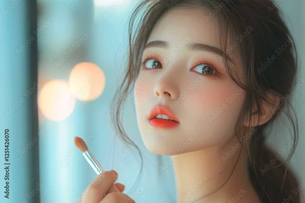 Obraz premium Skin care, beauty cosmetics concept, pretty asian young woman, girl make up face by applying brush on, lips balm on her mouth, looking at the mirror at home. Female look with natural fashion