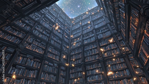 Discover the magic of an enchanted library with floating books amidst glowing runes under a starlit sky