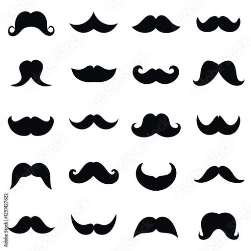 Collection of various mustache silhouettes on white background