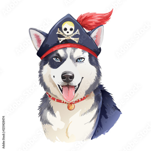 Siberian husky wearing pirates cap watercolor painting vector art design