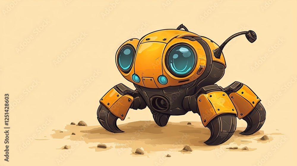 Cute cartoon robot in desert, exploring. Possible use Children's book illustration Cute cartoon robot in desert, exploring. Possible use Children's book illustration