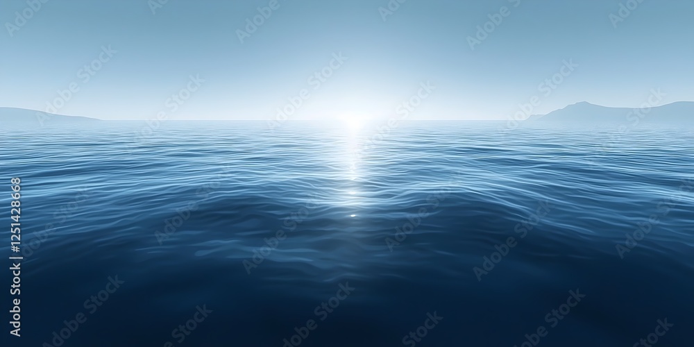 Fototapeta premium A serene view of calm ocean waters reflecting the soft glow of the sun, with gentle waves creating a tranquil atmosphere and distant hills faintly visible on the horizon.