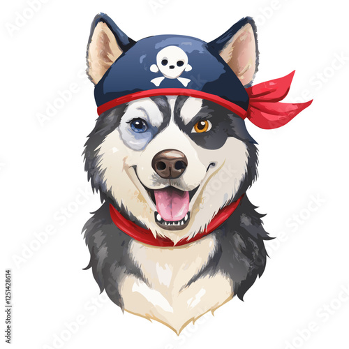 Siberian husky wearing pirates cap watercolor painting vector art design