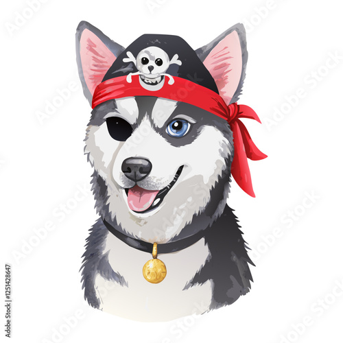 Siberian husky wearing pirates cap watercolor painting vector art design