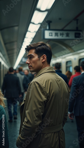 Man in brown coat looking back in busy subway station