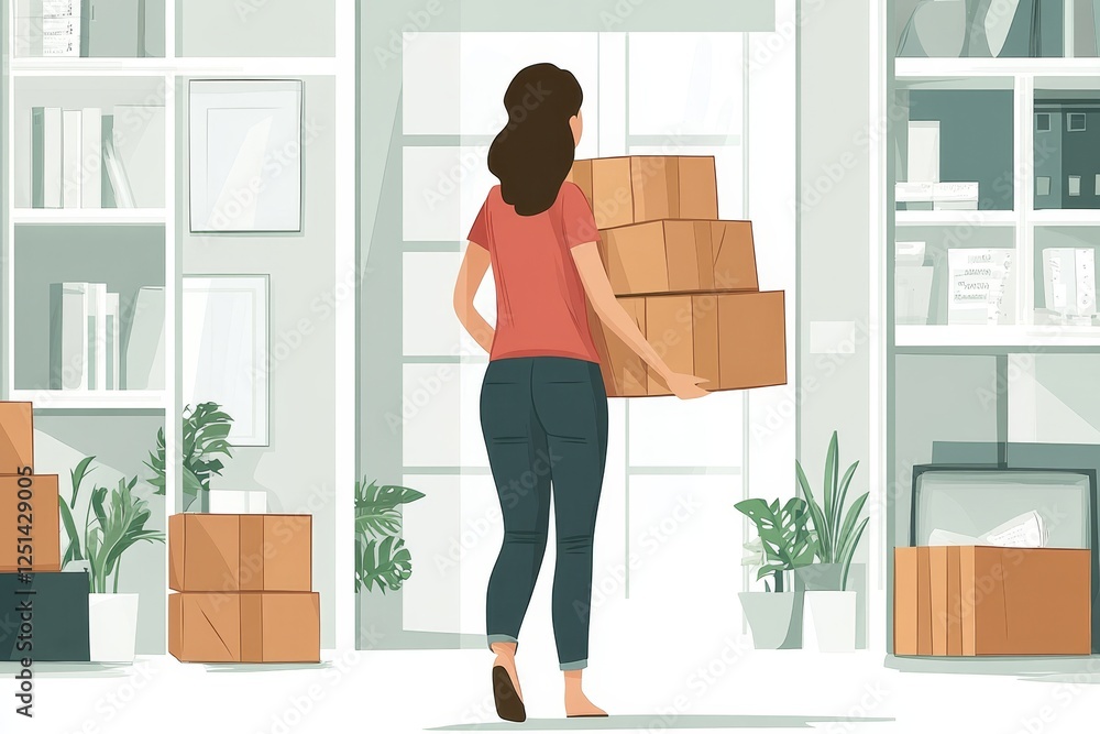 relocation to new house. woman carrying stuff box and moving in new apartment relocation to new house. woman carrying stuff box and moving in new apartment