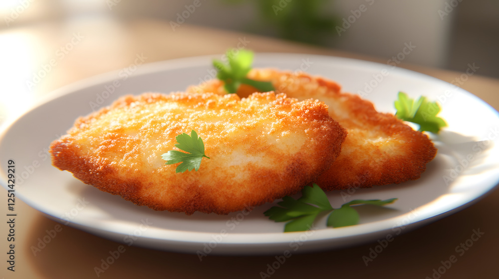 Crispy fried fish fillets on plate, sunlight, wooden table, food photography Crispy fried fish fillets on plate, sunlight, wooden table, food photography