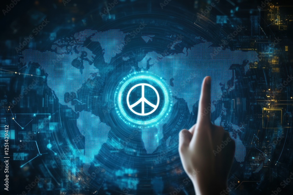 Digital World Map with Peace Symbol and Hand Gesture of Hope Digital World Map with Peace Symbol and Hand Gesture of Hope