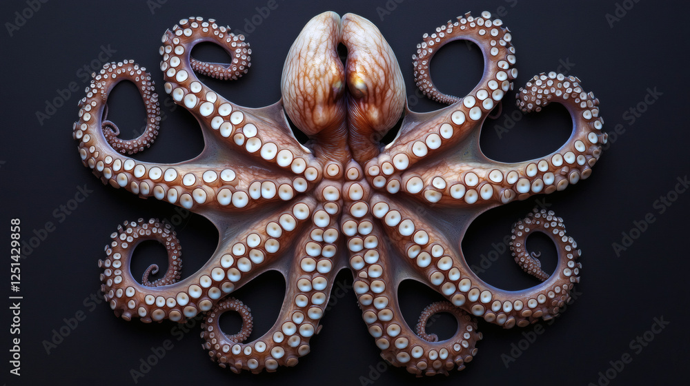 Fototapeta premium Octopus resting on sandy ocean floor with visible tentacles and surrounding marine environment