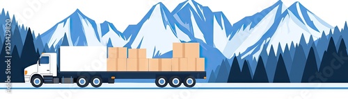 Truck carrying cargo through snowy mountains photo