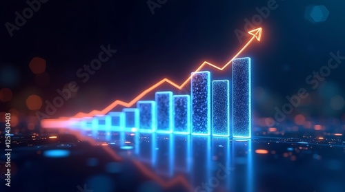 abstract financial technology concept  Futuristic financial graph  glowing neon bar charts  3D data visualization  upward trending arrow