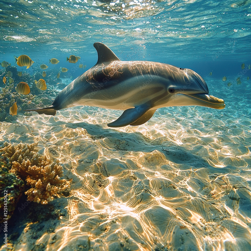 Obraz premium Dolphin swimming over sandy seabed with coral reef and fish
