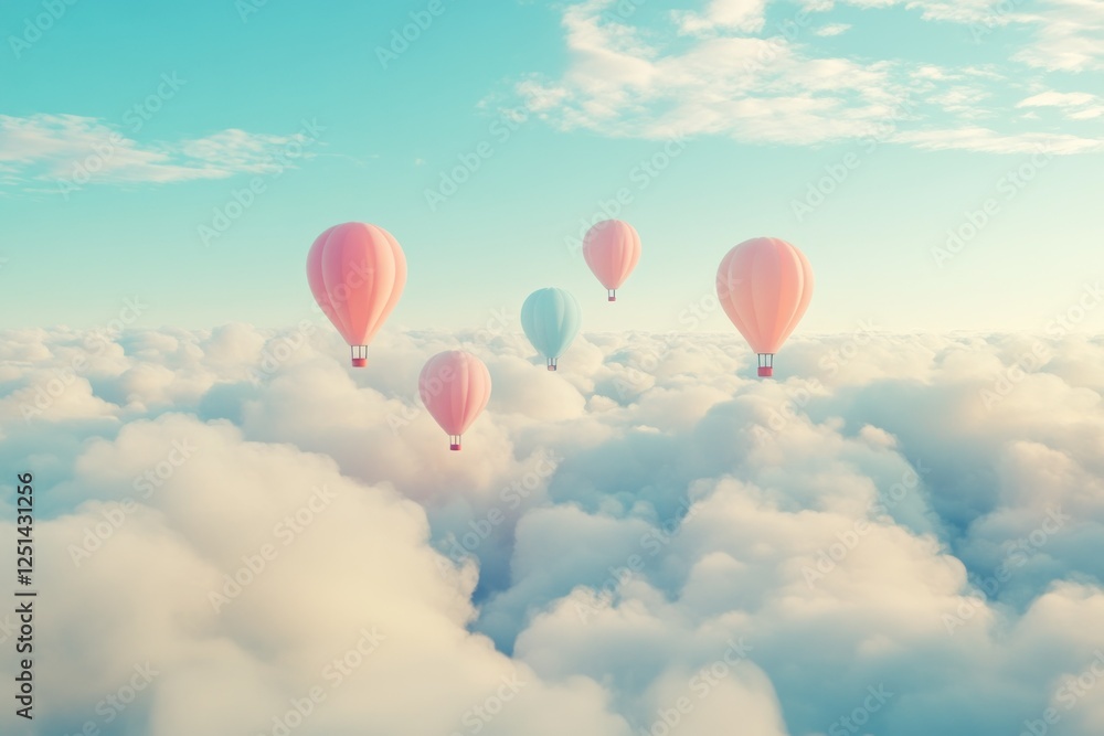 Colorful Hot Air Balloons Floating Above Soft White Clouds Colorful Hot Air Balloons Floating Above Soft White Clouds