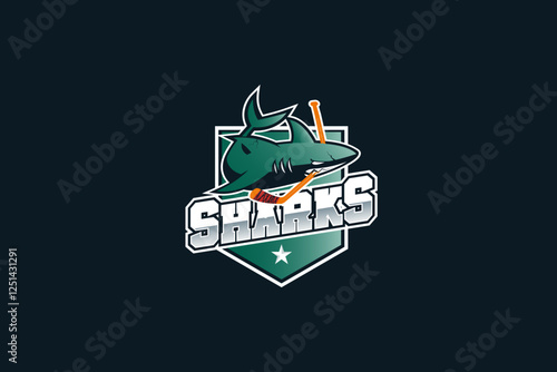 Aggressive Shark mascot logo. Ice Hockey Sports Shark logo template. Shark Mascot Ice Hockey team logo vector.