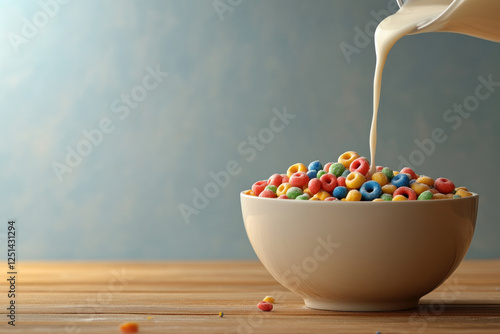 Milk cascades onto a bowl of cereal, creating a delicious breakfast scene.