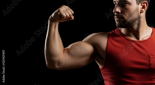 Man Flexing Biceps Posing in Red Tank Top Against Black Background